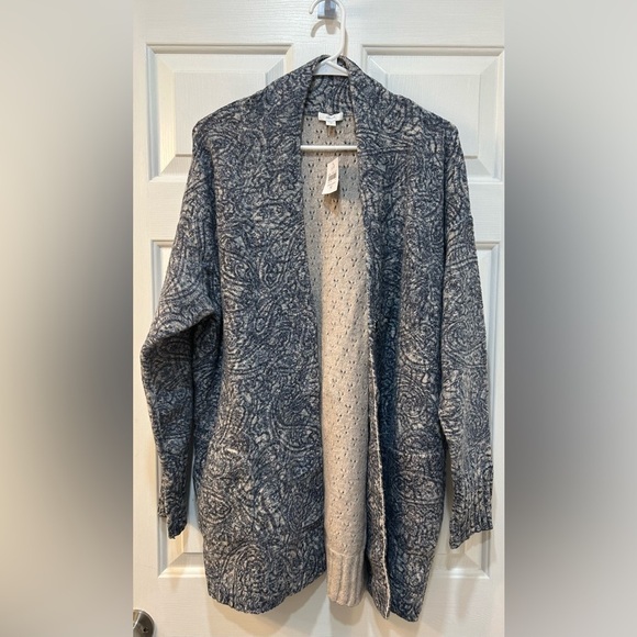 NWT Pure Jill Snap Front Cardigan Sweater Size M Paisley Printed Fabric Eyelet - Picture 1 of 10